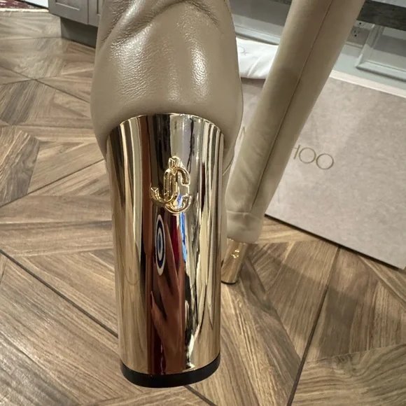 Jimmy Choo Rydea Cream Heeled Boots with Gold Accents - Picture 5 of 10